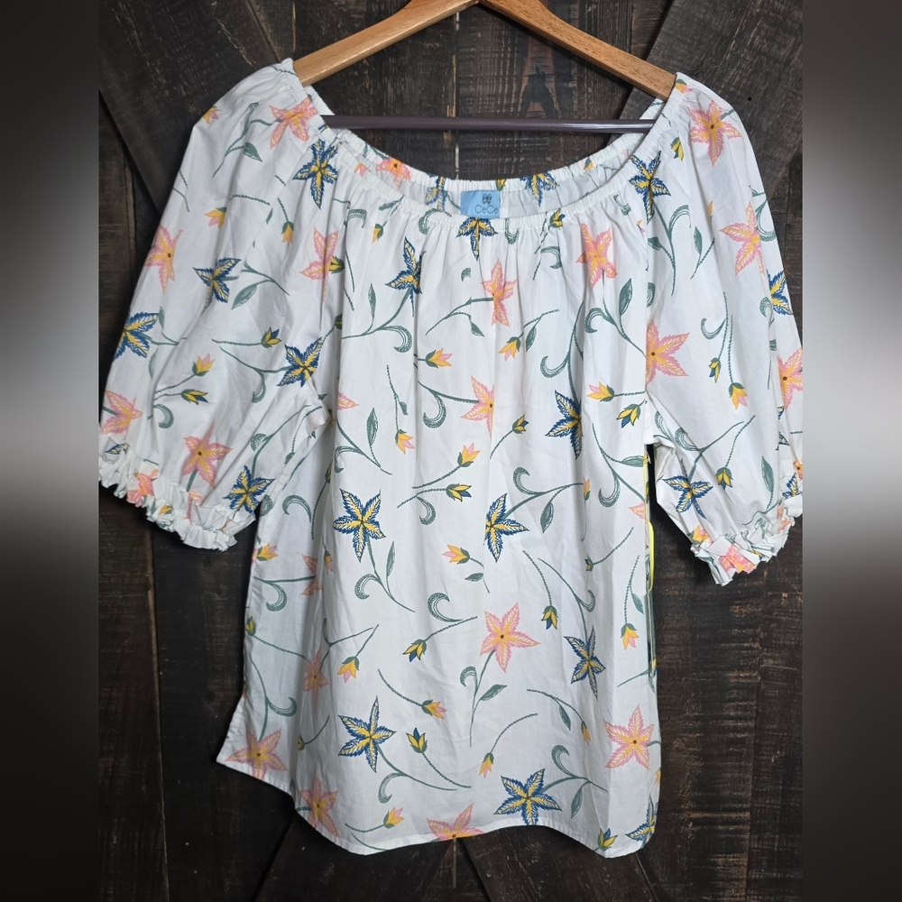 CeCe White Off-Shoulder Floral Blouse with Pink & Blue Flowers Large NWT